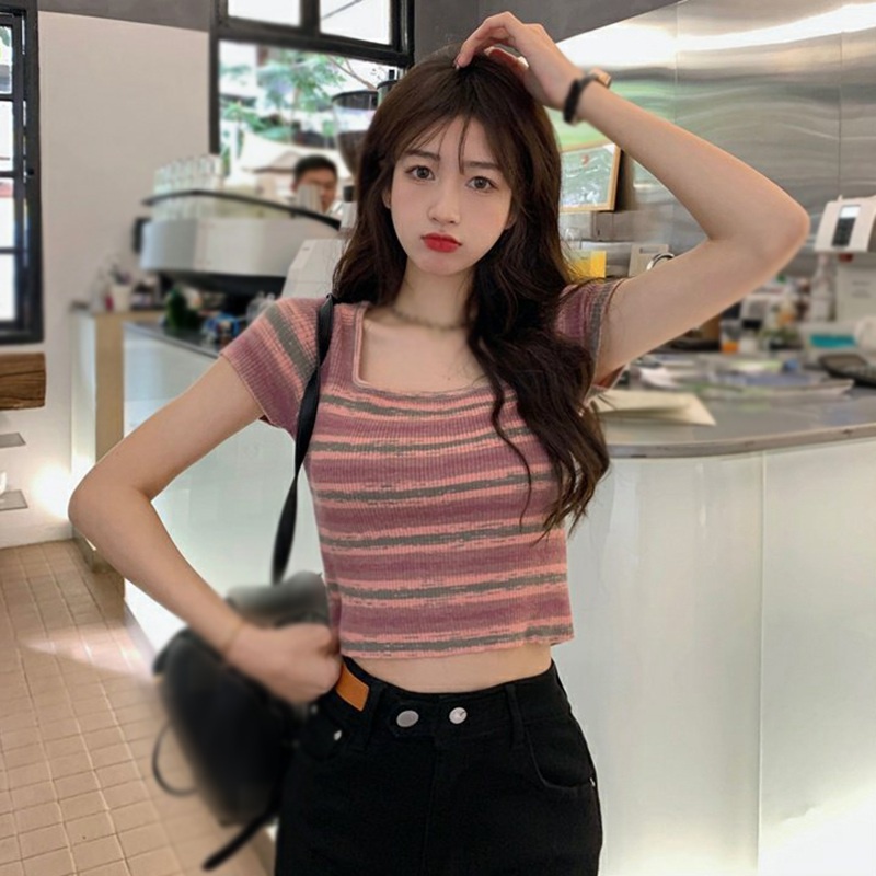 Áo Thun Ngắn Tay Cổ Vuông Họa Tiết Kẻ Sọc Phong Cách Hàn Quốc Cho Nữ