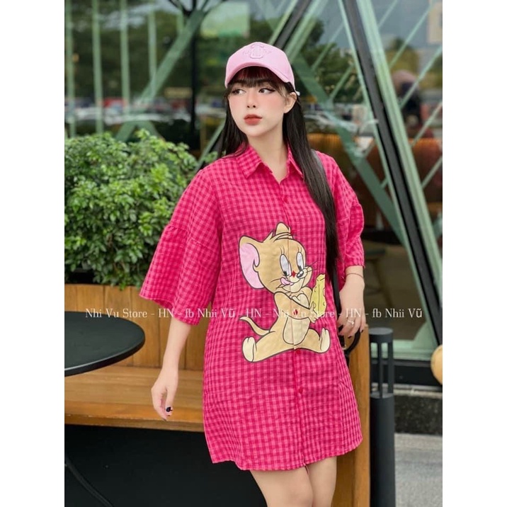 [10.10 Sales Freeship] Đầm sơ mi suông kẻ sọc in hình chuột jerry, đầm sơ mi tay lỡ basic đi chơi dễ thương dx