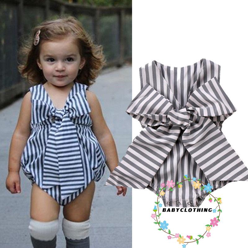 ღWSVღCute Newborn Baby Girl Bowknot Striped Romper Jumpsuit Clothes Summer Outfits 0-2T