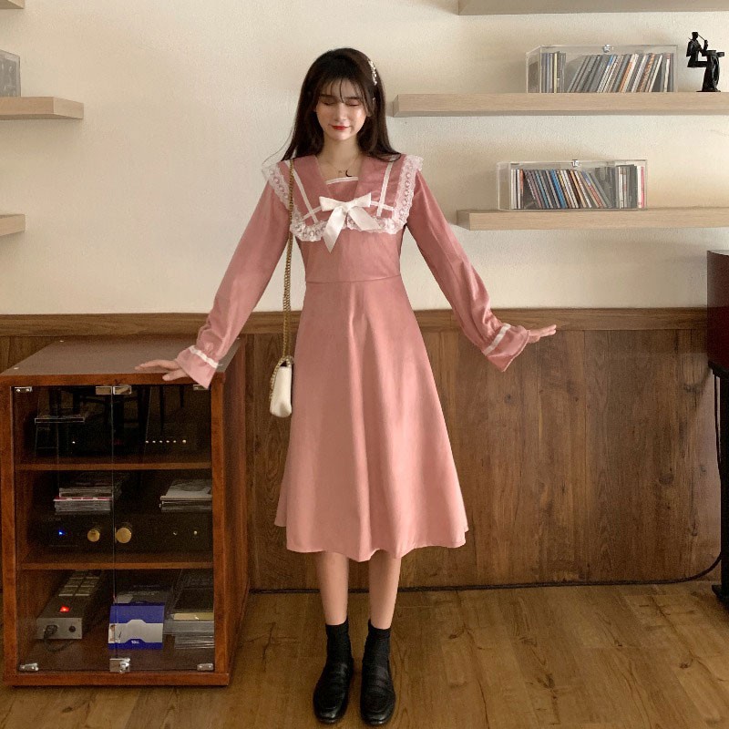 M94 - Váy nhung tiểu thư Ulzzang cổ áo phong cách học sinh viền ren đính nơ dễ thương