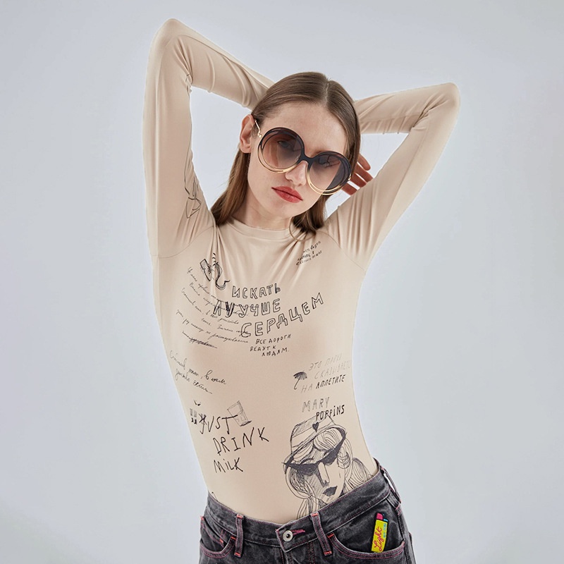 Bộ Áo Liền Quần Tay Dài Cổ Tròn Dáng Ôm In Họa Tiết Nghệ Thuật Thời Trang Cho Nữ