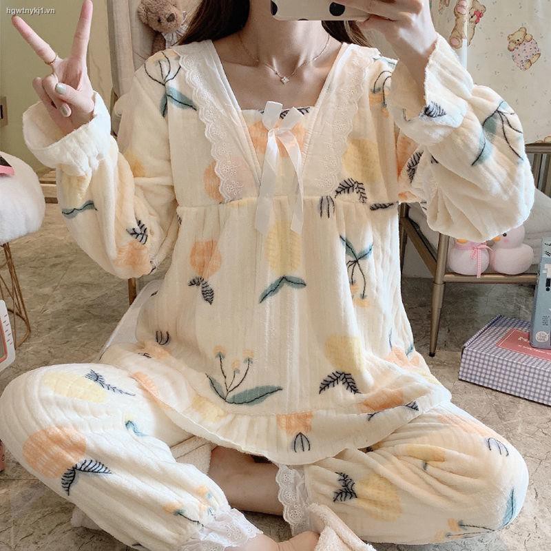 Bộ đồ ngủ vải nhung san hô dày dặn ấm áp phong cách công chúa dễ thương thời trang thu đông cho nữ
