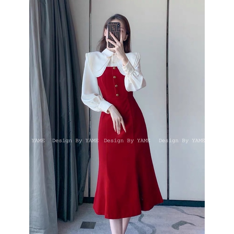Váy đuôi cá Cali Dress đỏ phối trắng YAME