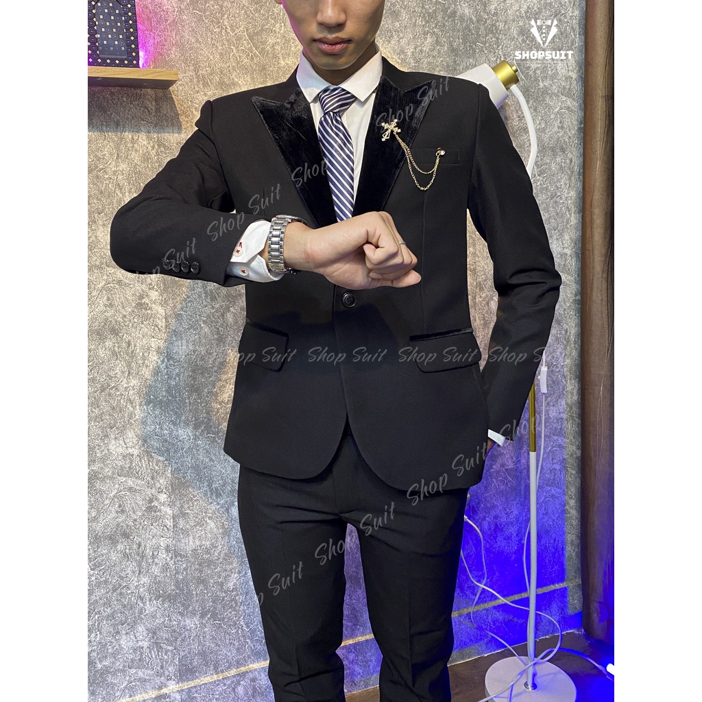 Bộ Vest đen phối cổ Nhung phong cách Hàn Quốc lịch lãm,trẻ trung-Shop Suit