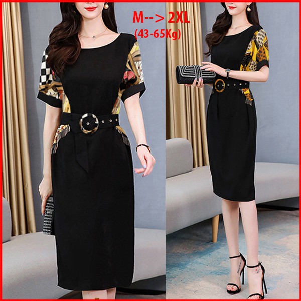 GOTI - Đầm Dự Tiệc Trung Niên Cao Cấp Cổ Đắp Chéo Kèm Thắt Lưng Phối Màu Cao Cấp 3241 3275 3253