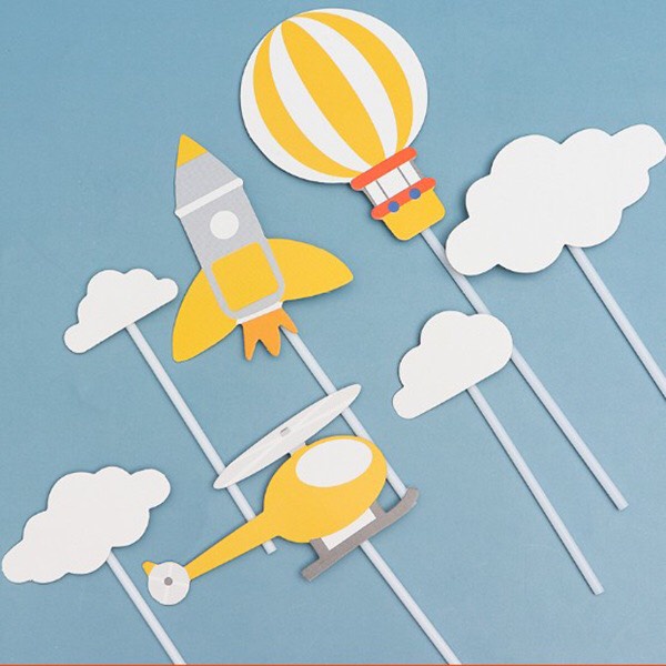 Trang Trí Bánh Sinh Nhật Bánh Kem - Sét thẻ giấy máy bay khí cầu mây