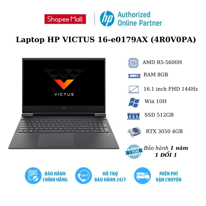 [Mã ELHP15 giảm 10% ] Laptop HP VICTUS 16-e0179AX (4R0V0PA)/ R5-5600H/ RAM 8GB/ 512GB SSD/ RTX 3050Ti 4GB/ 16.1'