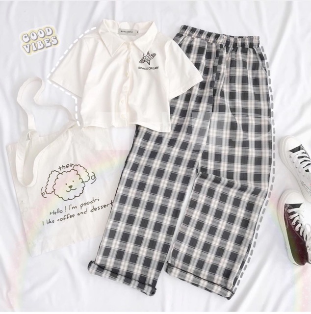 Sét crt polo logo + quần kẻ đen mới THG087