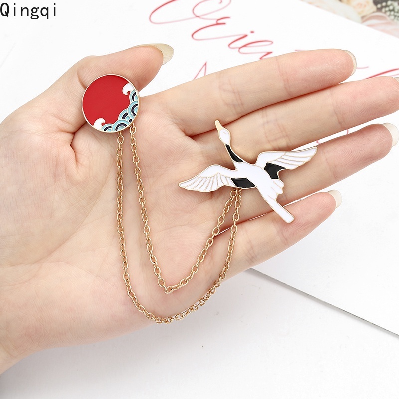 Ghim cài áo Miss Zoe dây xích gắn hình chim hạc + sóng biển kiểu Nhật Bản sáng tạo thích hợp làm quà tặng cho bạn bè
