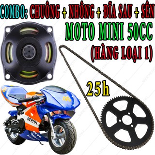 Bộ sên dĩa chuông nhông 6 răng xe moto mini 50cc dùng dây xích mã 25h