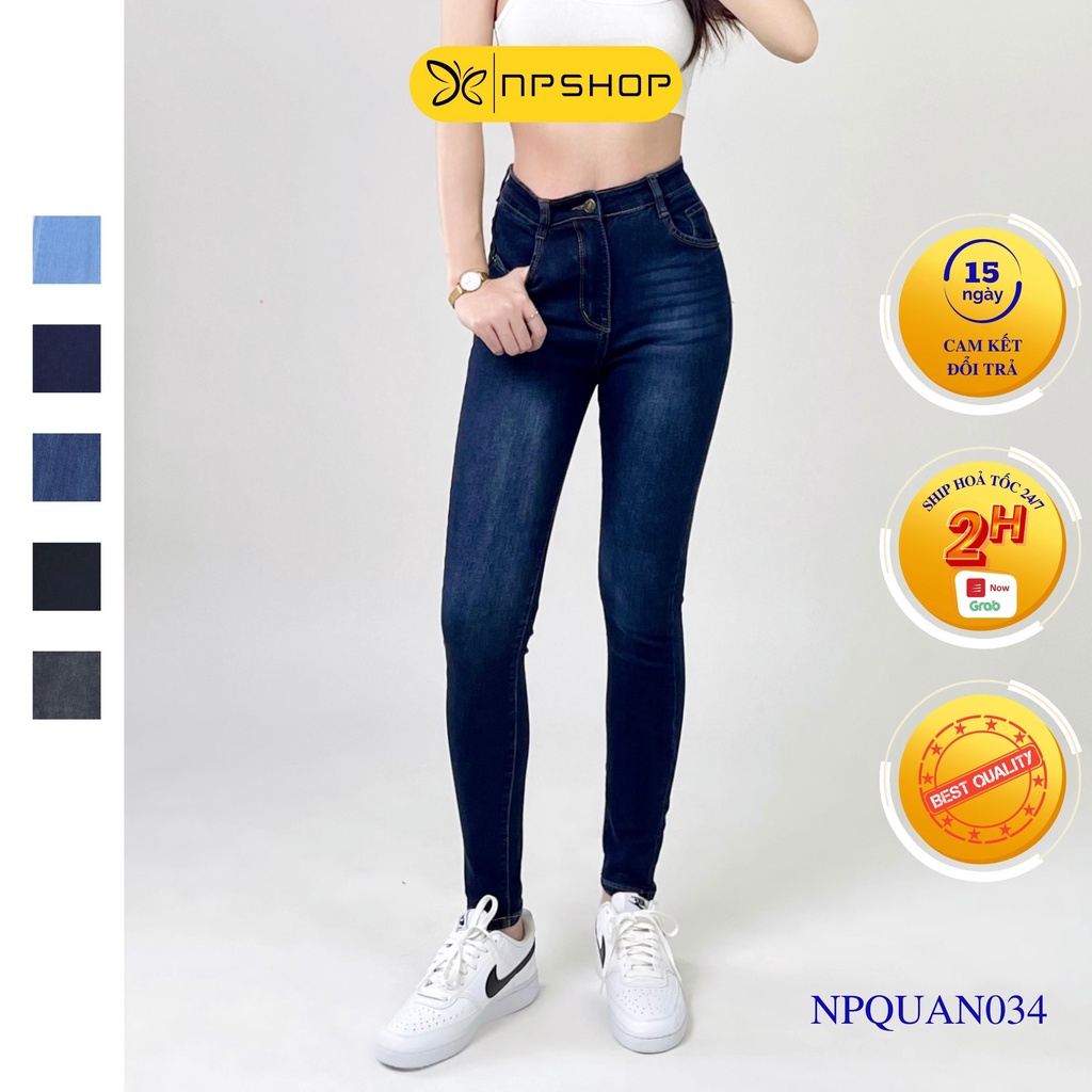 Quần jean nữ lưng cao NPSHOP, quần bò cạp cao trơn dài skinny jeans bigsize NPQ034