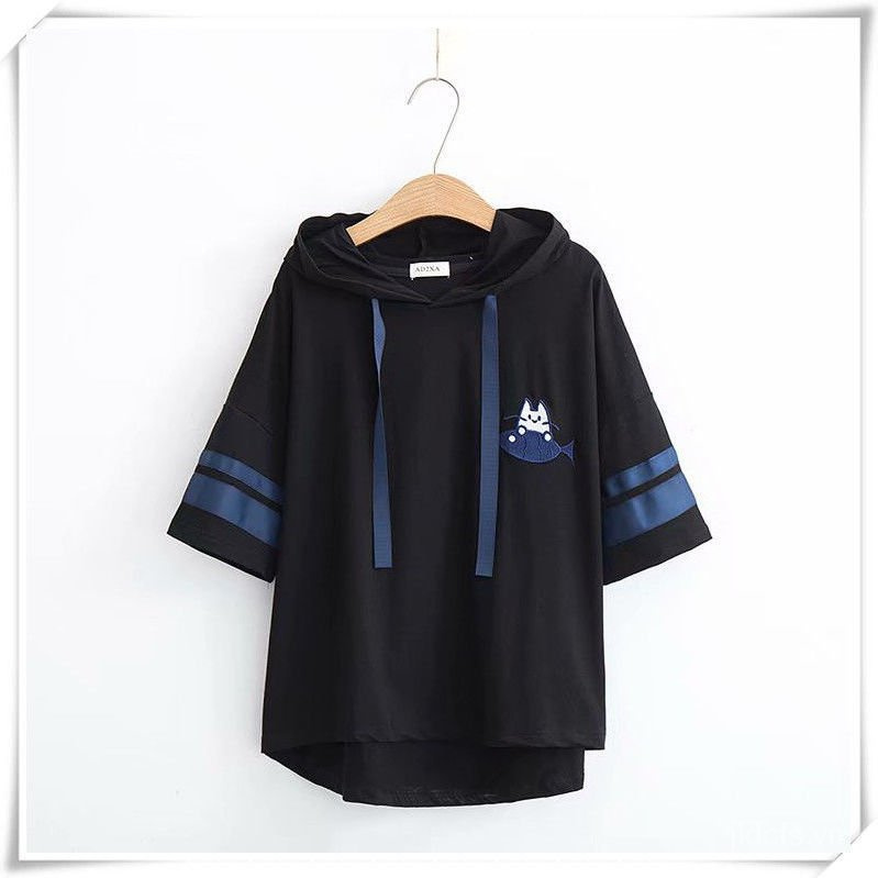 Áo hoodie tay lửng dáng rộng phong cách Nhật Bản thời trang mùa hè 2021 cho nữ