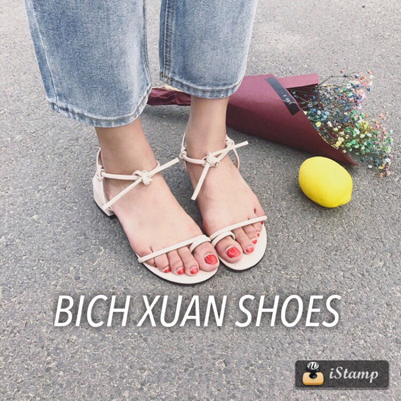 Dép Sandal xỏ ngón nữ gót vuông quai buộc dây ôm cổ chân thời trang.