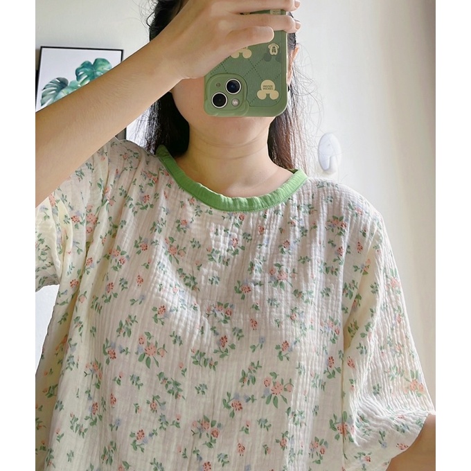 Bộ đùi hoa nhí muslin viền cổ