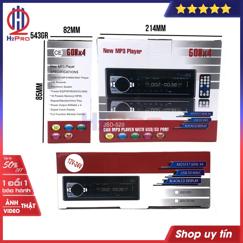 Đầu Nghe Nhạc MP3 Bluetooth-Đài FM JSD-520 H2Pro cao cấp Cho Ô Tô-Xe tải DC 12V-24V (1 chiếc)