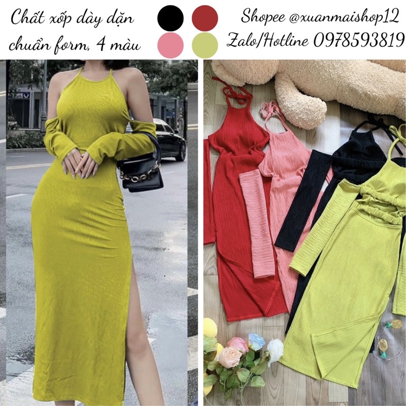 [FREESHIP - CÓ MÚT NGỰC]Đầm body nữ cổ yếm cột dây, trễ vai tay dài, xẻ đùi hở lưng đan dây chun chất xốp dày chuẩn form