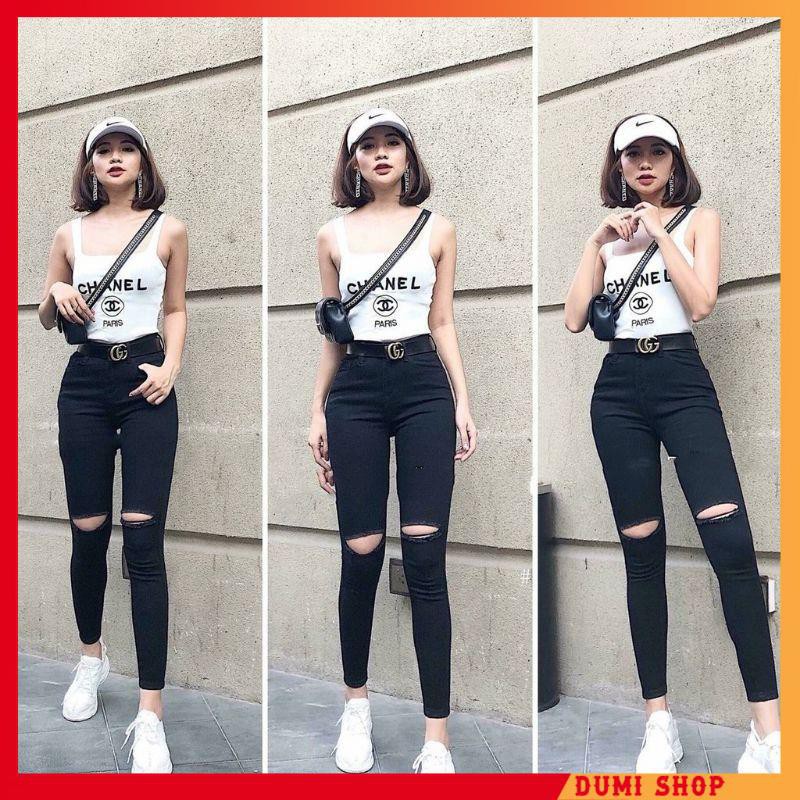 Quần jean skinny 💖FREE SHIP💖 đen ôm rách gối - chất vải mềm giãn