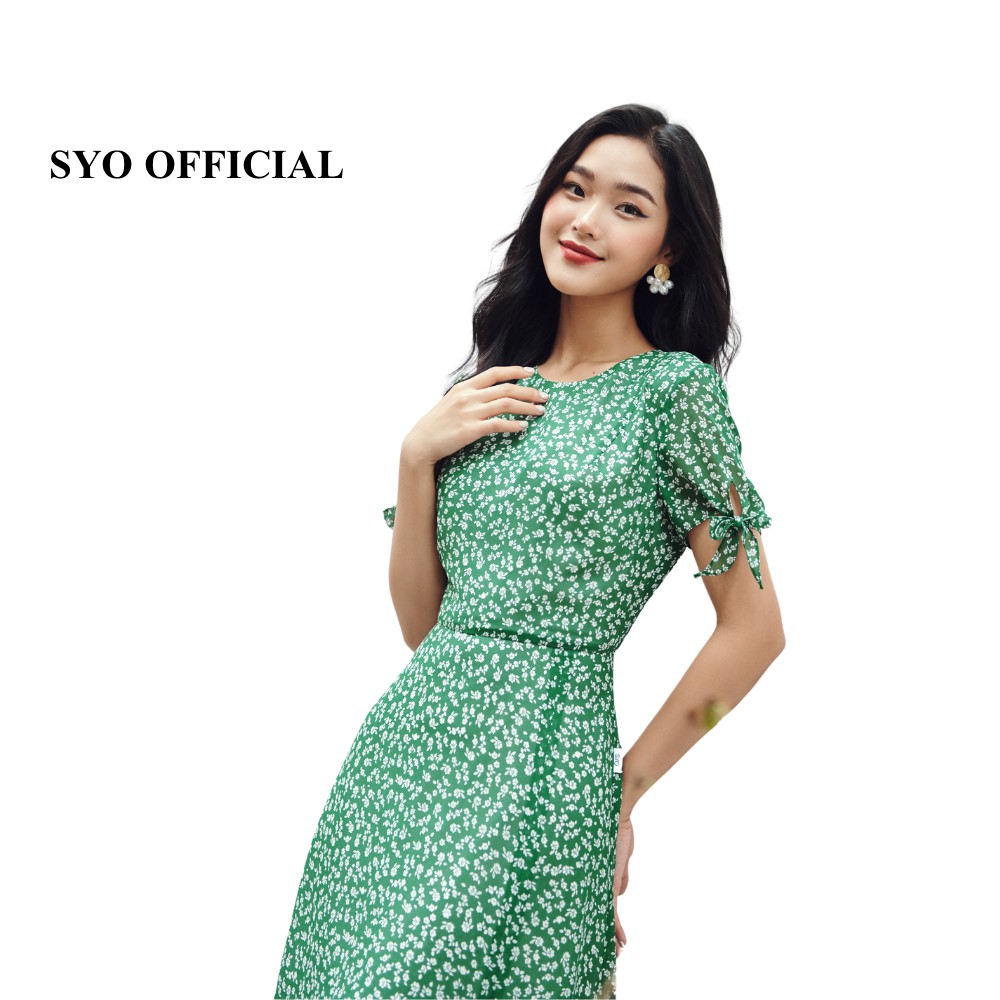 Đầm midi hoa nền xanh, tay buộc nơ SYO D3009-21