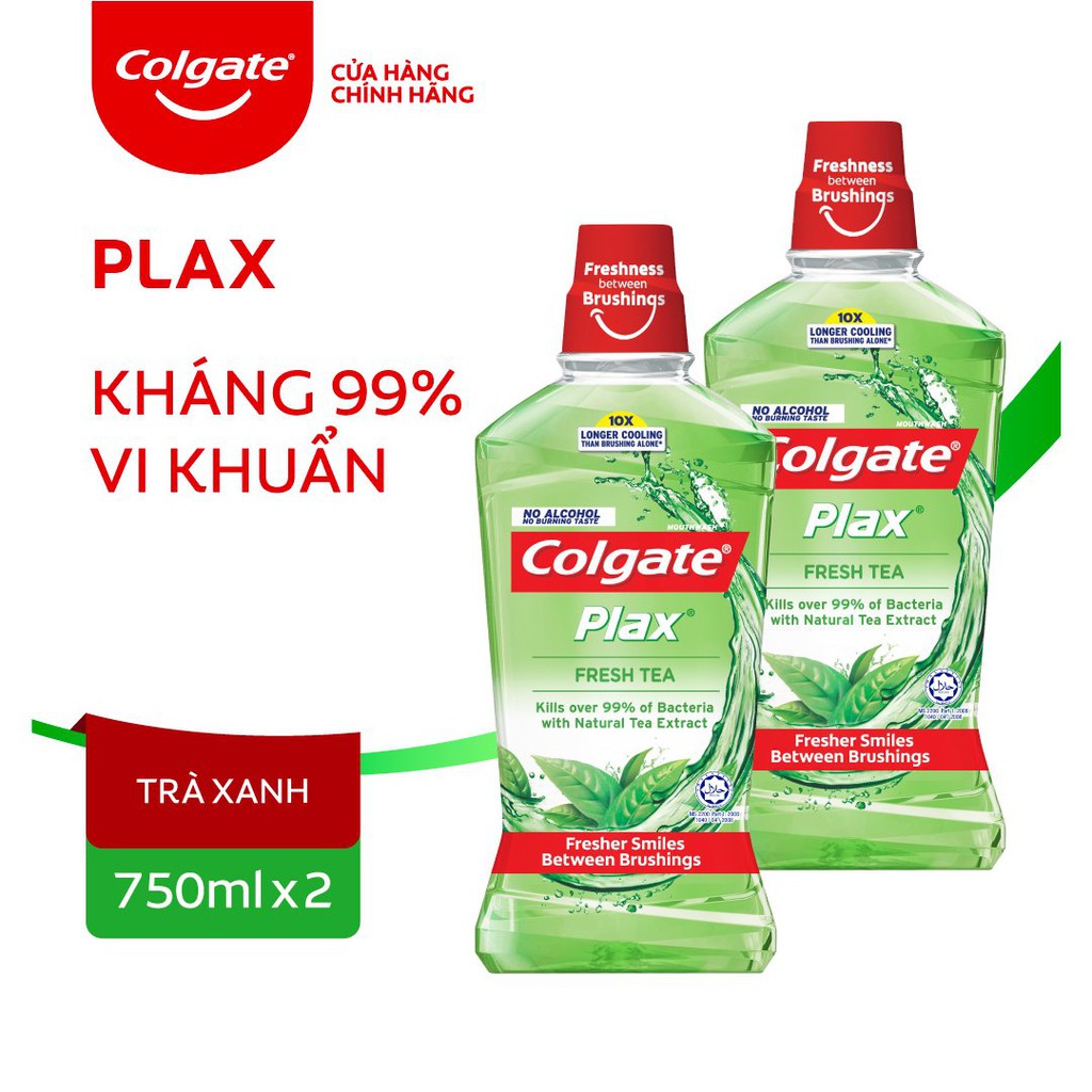 Bộ 2 chai Nước súc miệng Colgate kháng 99% vi khuẩn Plax trà xanh 750ml/chai