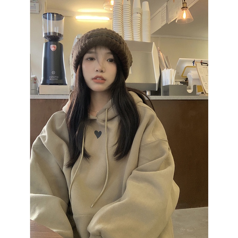 Áo hoodie tay dài dáng rộng màu nâu kaki in họa tiết trái tim thời trang mùa thu 2022 mới