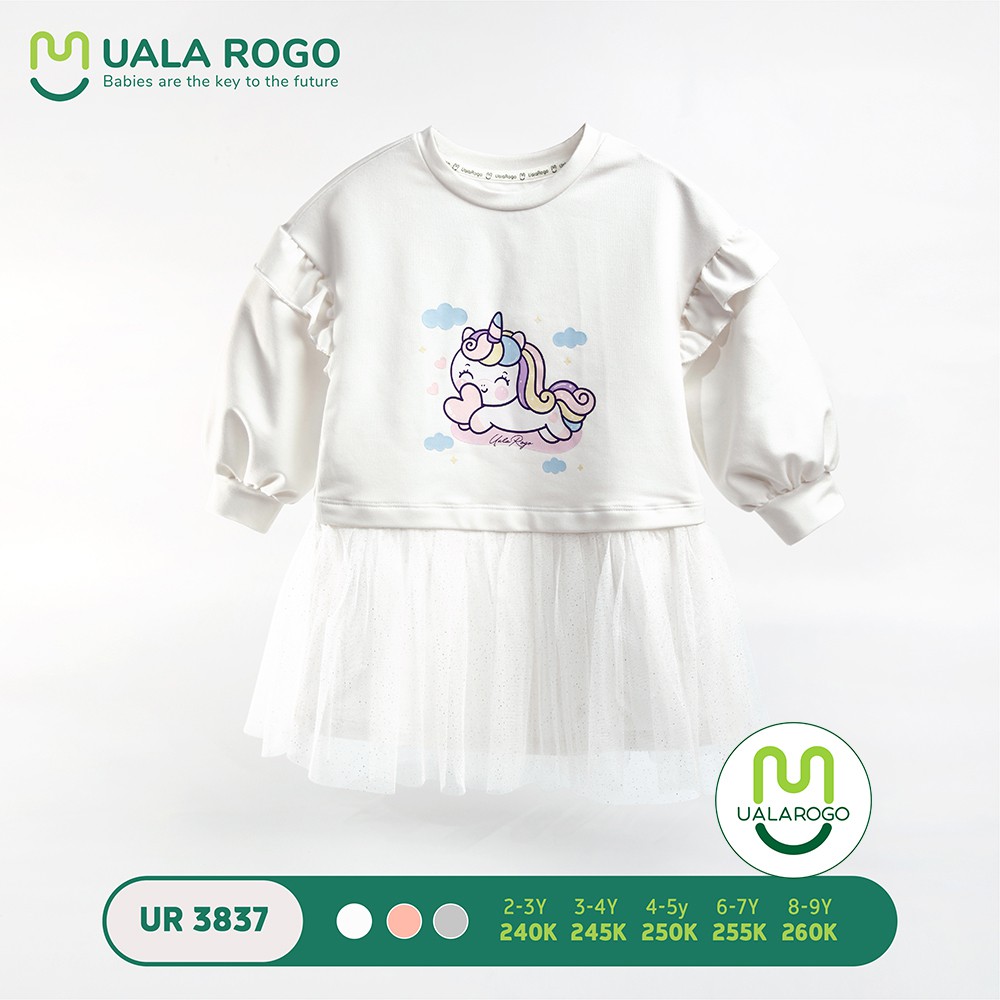 Váy bé gái Uala rogo cho bé 2-9 tuổi cotton nỉ dài tay ấm thoáng trắng hồng ghi 3837