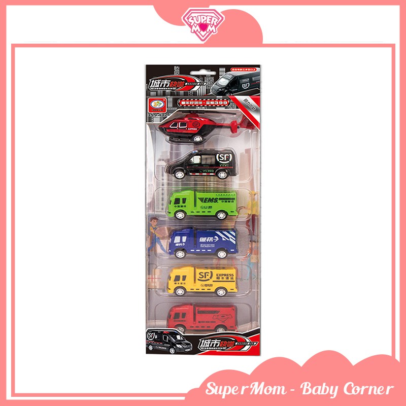 Bộ đồ chơi hộp set 6 món ô tô máy bay chạy cót xin xò cho bé - Supermom & Baby Corner