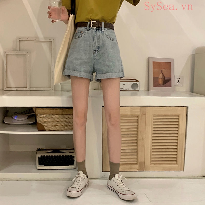 Quần Ngắn Denim Ống Rộng Cạp Cao Phong Cách Hàn Quốc Cho Nữ