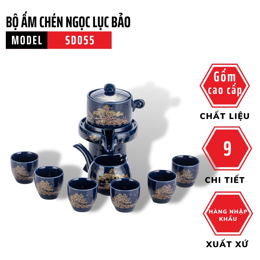 Bộ Ấm Chén Trà Ngọc Lục Bảo Cối Xay Bằng Gốm Cao Cấp Sang Trọng Hàng Nhập Khẩu, 6 Chén [ SD055 ]