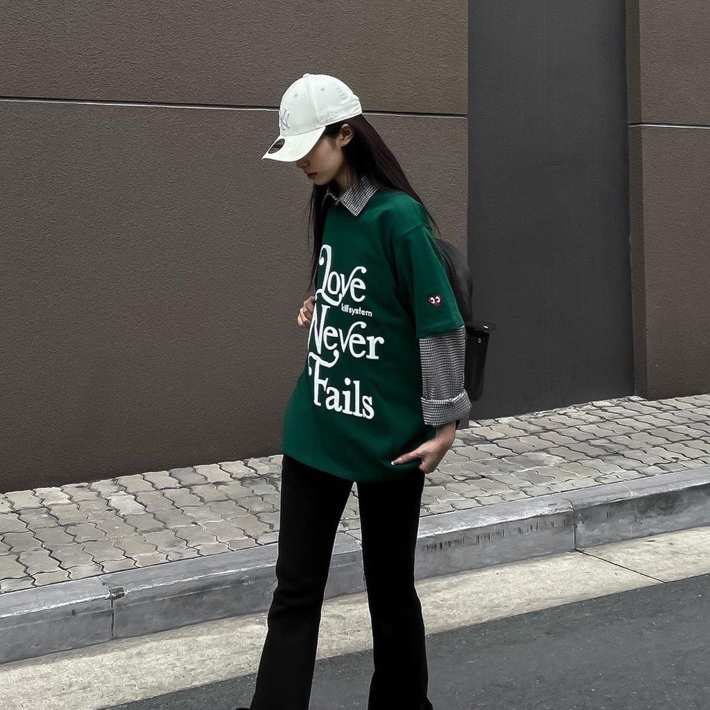 Áo Thun Xanh Lá Love Never Form Rộng Nữ Meeny- Phông Tay Bồng 100% Cotton Khô Hình In Nổi Phong Cách Ullzang