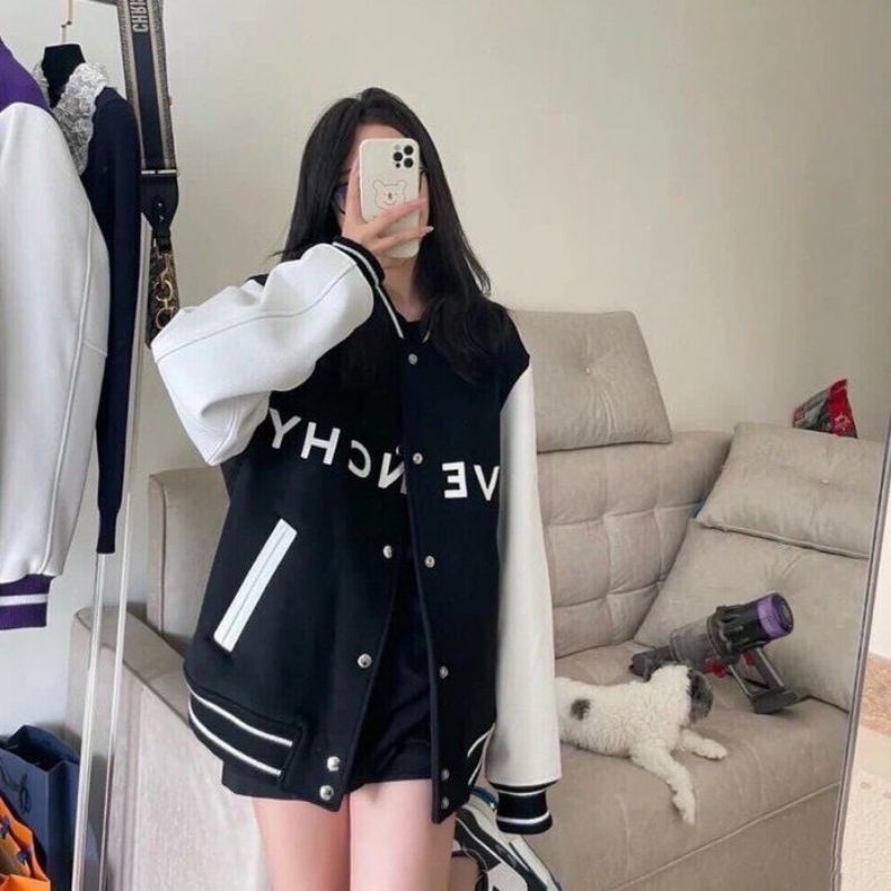 Áo Khoác Bomber Gi Ven cúc bấm nam nữJacket Unisex Chất nỉ vs gió Form &lt;55kgÁo Bóng Chày Phong cách Thể thao