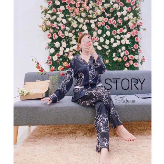Bộ pijama áo chữ quần dài báo trắng lụa satin cao cấp quảng