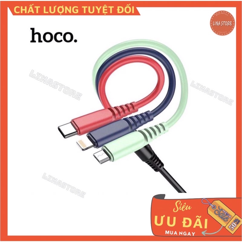 [Chính hãng HOCO] Dây cáp sạc nhanh iphone 3 đầu dài 1m2 (Lightning+Micro+TypeC) sạc nhanh 3A, dây dẻo 4 màu siêu bền