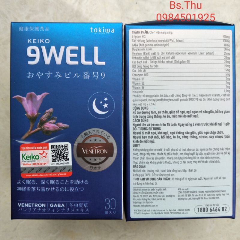 KEIKO 9WELL VIÊN UỐNG NGỦ NGON SỐ 9 well lọ 30 viên giúp dễ ngủ, ngủ ngon sâu giấc, mua 4 hộp tặng 1 hộp