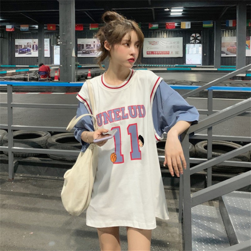 Women's fashion Oversized basketball Fake short-sleeved T-shirt Two-piece top