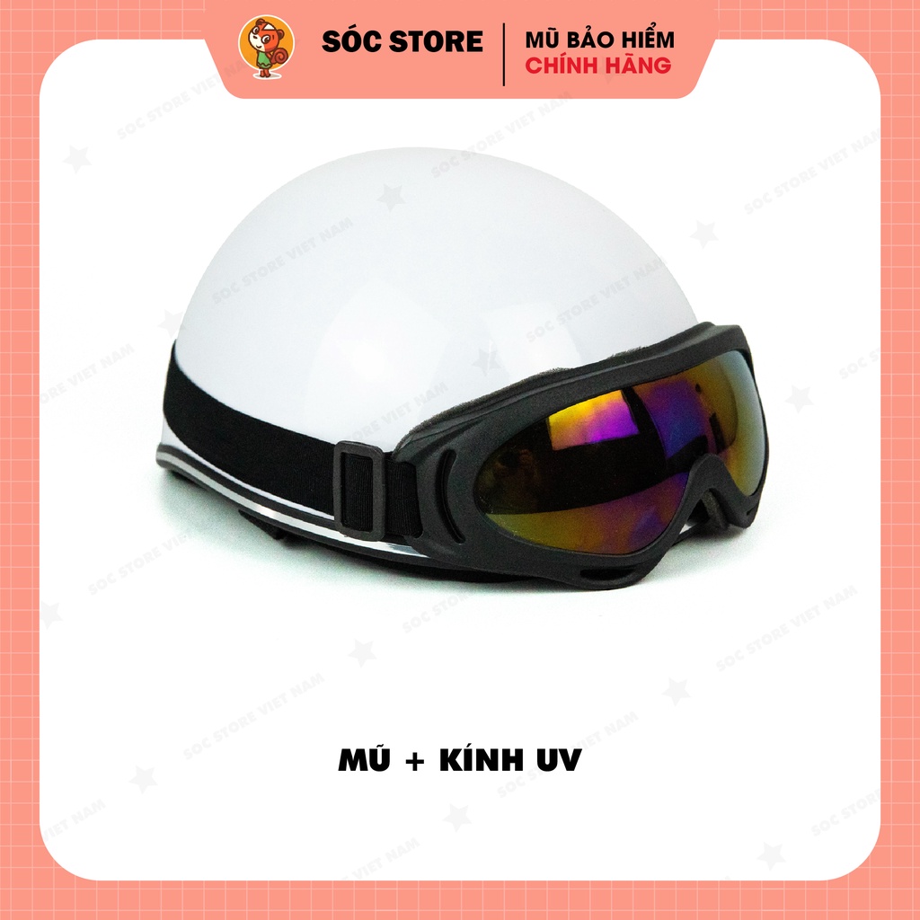 Mũ bảo hiểm nửa đầu chính hãng Sóc Store Vietnam màu trắng kèm kính UV, kính phi công, nón bảo hiểm 1 phần 2 freesize
