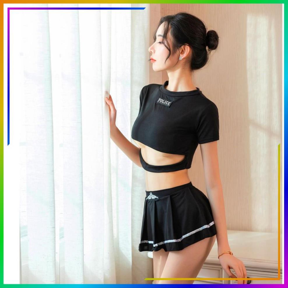 Bộ Đồ Ngủ Cosplay Tiếp Viên Gợi Cảm, Bộ Váy Ngủ C.Ả.N.H S.Á.T Sexy Gổm Mũ + Áo Croptop Cách Điệu + Đầm Dáng Xòe (Đen) | BigBuy360 - bigbuy360.vn