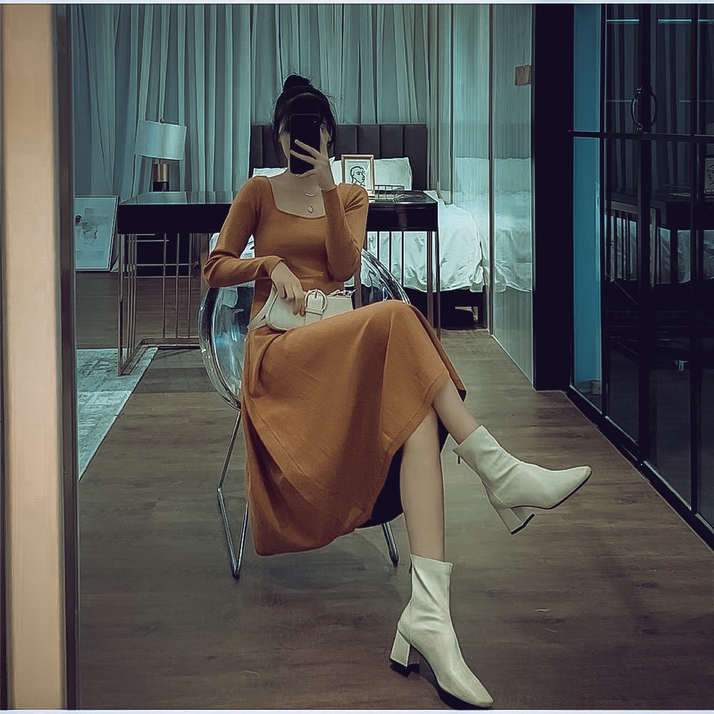 Váy midi len zip cổ U nữ - Đầm dáng xòe tay dài thun trơn bánh bèo tiểu thư ulzzang HOT | BigBuy360 - bigbuy360.vn