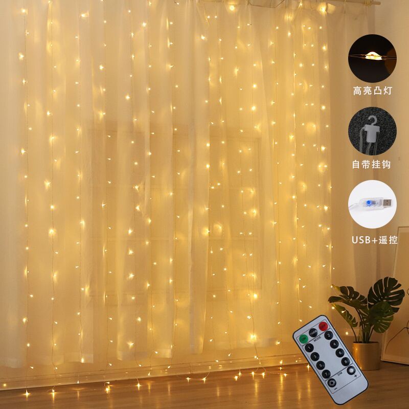 Waterproof 3m*3m 300PCS LED Remote Control LED Window Curtain String Lights Christmas Party 8 Modes Fairy Lights Courtyard Bedroom Decor USB Strip Lighting