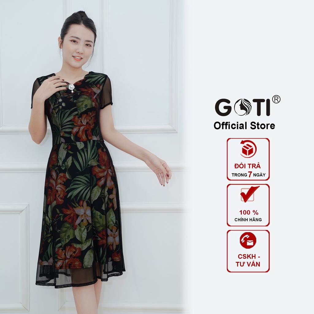 GOTI - Đầm Trung Niên Dự Tiệc Dáng Xòe Dài Qua Gối Phối Lưới Co Giãn Tốt Sang Trọng Cho Mẹ U50 U60 3351 3332