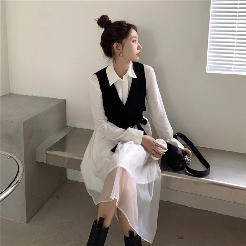Set Váy Sơmi Trắng Tay Dài + Gile Đen Cột Dây Cá Tính
