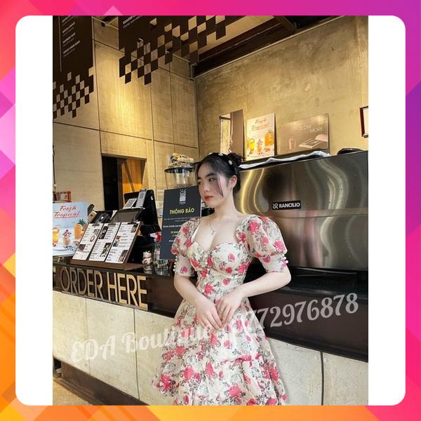 Đầm dáng xòe tay phồng cổ vuông thiết kế sang trọng phù hợp cho các nàng đi dự tiệc, sự kiện