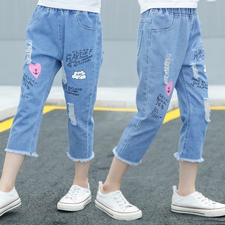 Quần áo trẻ em Quần denim mềm Quần jean có huy hiệu cho bé gái 3-9 tuổi