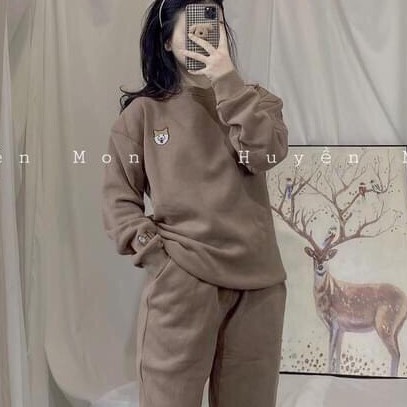 Set Nỉ Bông Form Rộng Tay Bồng Unisex Nam Nữ, Bộ Nỉ Áo Sweater Kèm Quần thêu logo chó Shiba Siêu Bassic