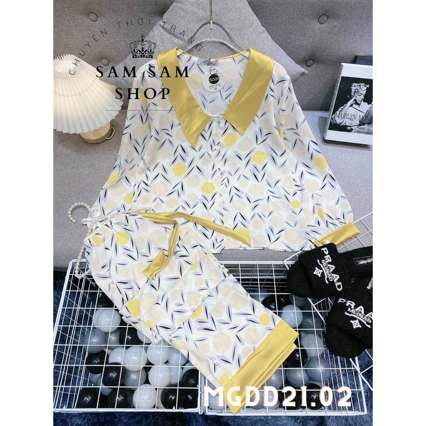 Đồ ngủ nữ, pijama lụa mango quần dài áo tay dài cổ nhọn size dưới 62kg - Sam Sam Shop