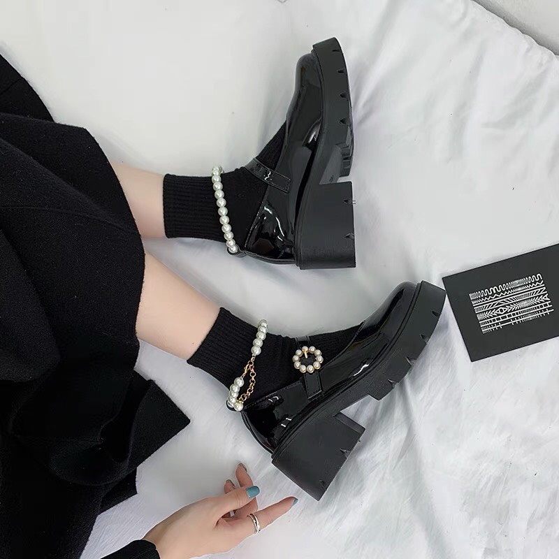 Giày búp bê nữ đế cao 5p gót vuông chất da bóng, Giày oxford nữ mũi tròn quai đính ngọc chất da bóng/ lì hottrend