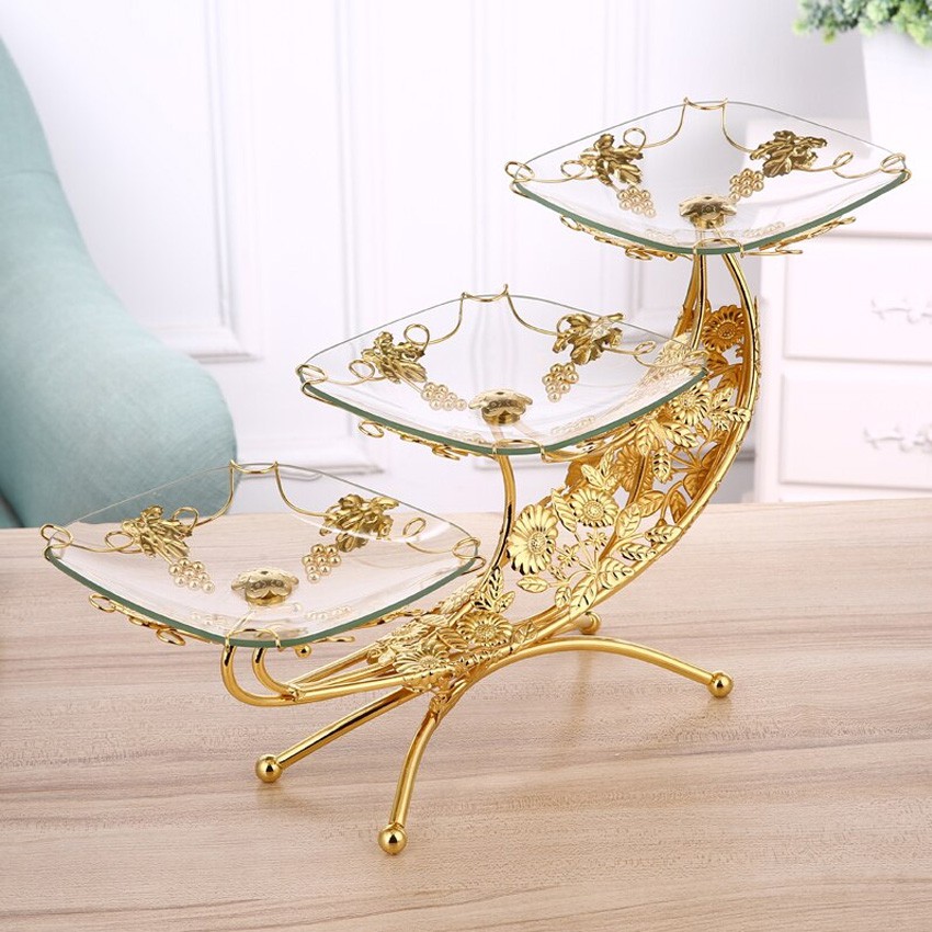 Khay thủy tinh 3 tầng đựng hoa quả, bánh kẹo, các loại hạt khô viền & đế kim loại decor trang trí bàn ăn, tiệc buffet