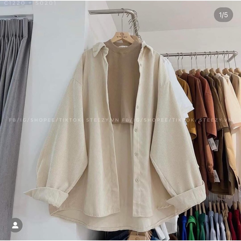 Áo khoác dáng sơmi cài nút kaki nhung gân trơn basic không túi unisex ulzzang nam nữ