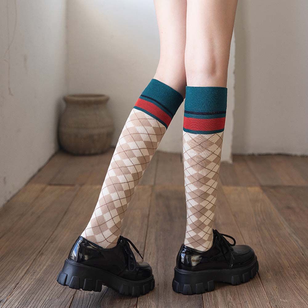 Vớ ống dài co giãn thoải mái in họa tiết caro phong cách Lolita dễ thương cho nữ