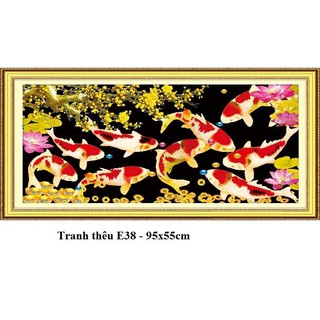 Tranh thêu chữ thập thêu kín Cá chép cửu ngư quần hội 95*57cm