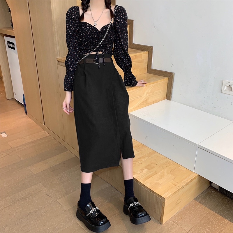 Chân váy nhung tăm dài lưng chun vạt lệch kèm đai Vintage - Lumii